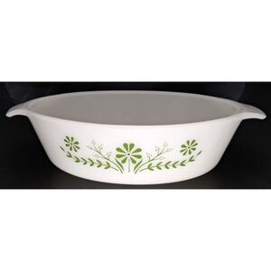 VTG Glasbake 433 Green Daisy Milk Glass Oval Baking Dish Casserole Dish